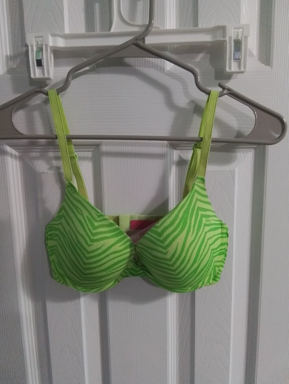 Vintage Pink Victorias Secret Neon Green Zebra Print Push Up Bra